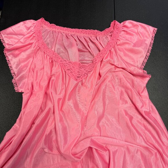Vintage Pink Nylon Nightgown Lace Trim USA Made Size 44 Plus XL Sheer Nightie - Picture 3 of 6